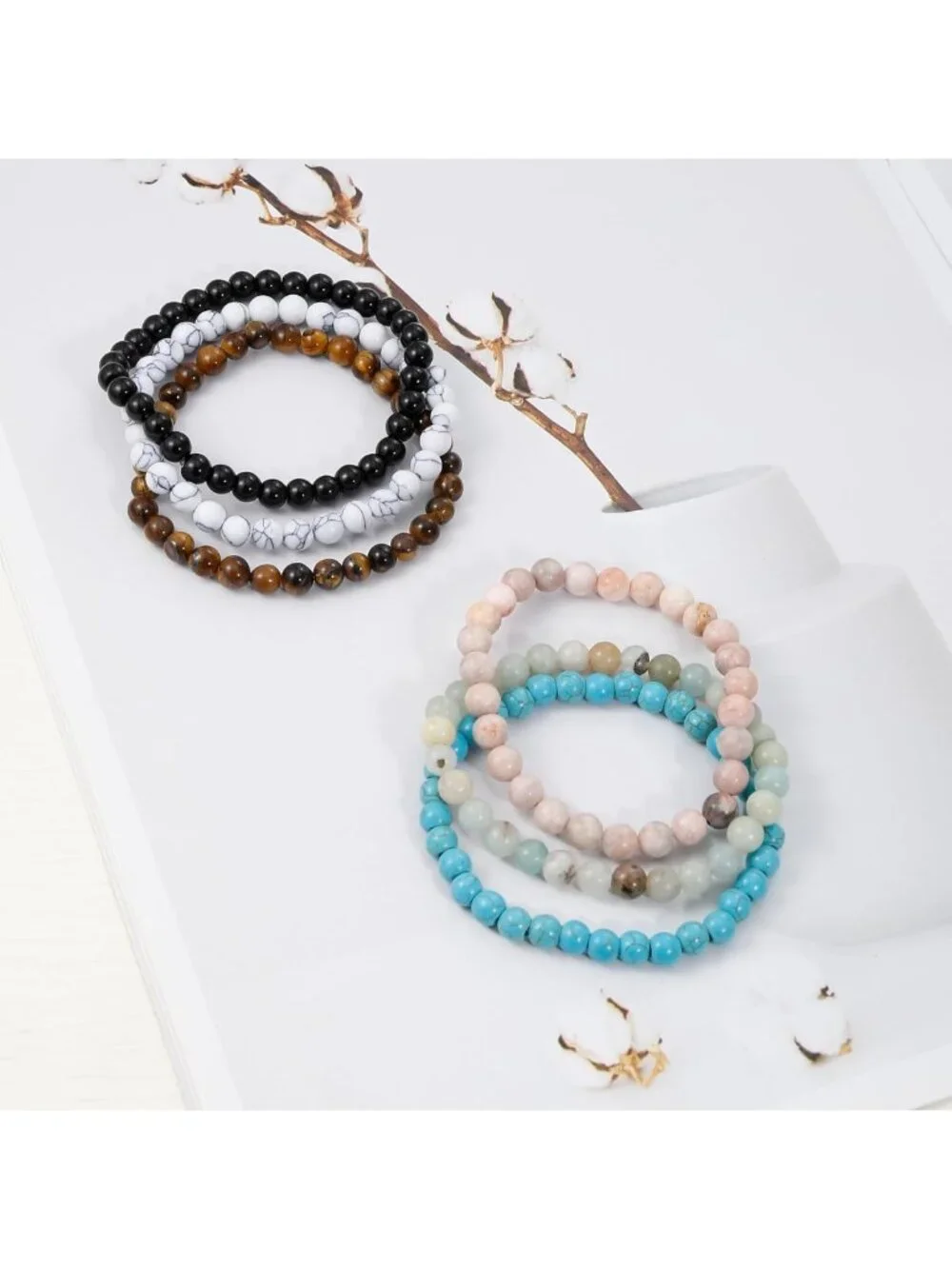16Pcs 6mm Natural Stone Healing Crystal Beaded Bracelets | Tiger Eye, Obsidian